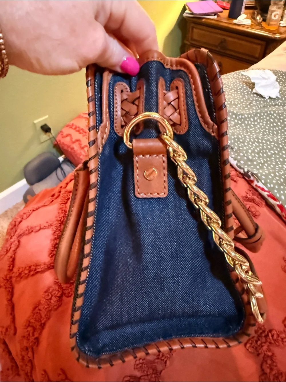 Michael Kors Navy Denim Satchel with Brown Leather Trim & Gold Hardware